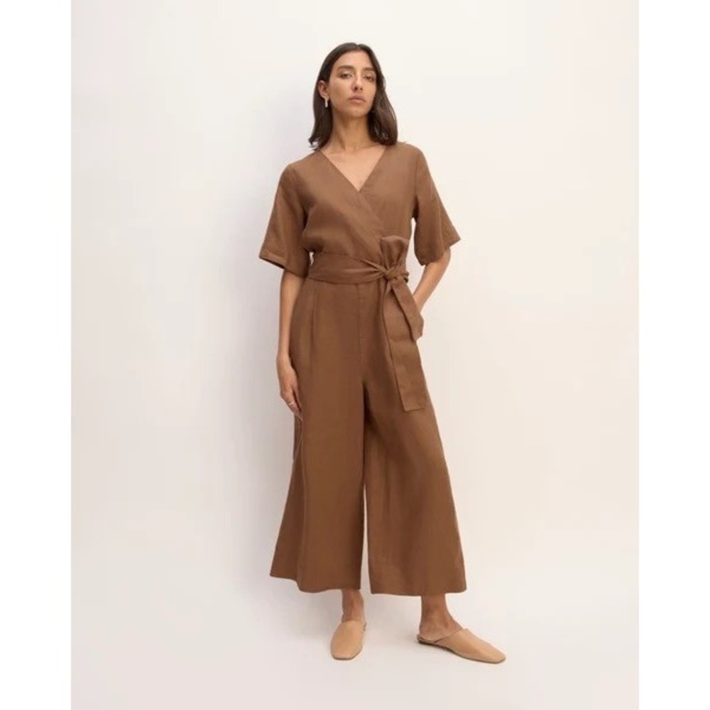Everlane The Wrap Jumpsuit Brown Linen Blend Wrap V-Neck Wide Leg Belted Size 0